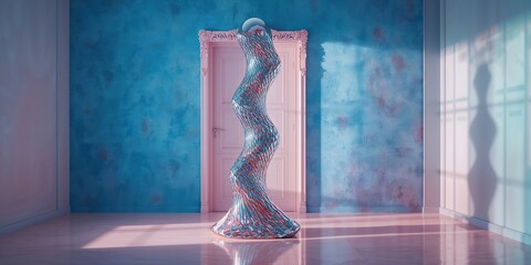 Mirror-adorned sculpture placed on a door, serving as an ornamental feature exploring interior decor