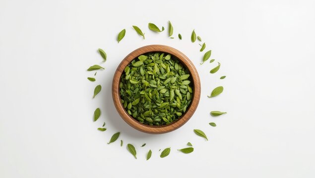 Crushed and whole moringa leaves in a bowl, illustrating plant-based diet focus