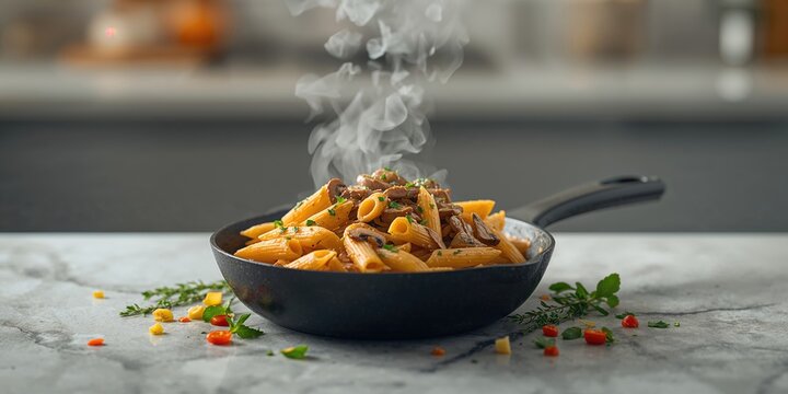 Vegetarian penne with mushroom sauce cooking in a frying pan, plant-based ingredients