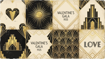 A vintage Art Deco style Valentine's Day card with geometric patterns and gold accents