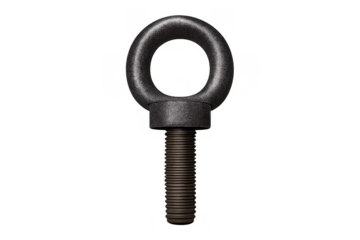 Dark gray industrial eyebolt, a strong metal lifting tool with screw threading, providing a secure anchor point