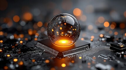 A computer chip is surrounded by a glowing sphere. The sphere is illuminated by a light source, creating a sense of depth and dimension. The image conveys a futuristic, technological atmosphere