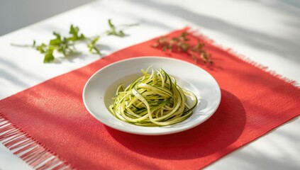 Fresh sliced zucchini on a red placemat, focusing on organic ingredient presentation