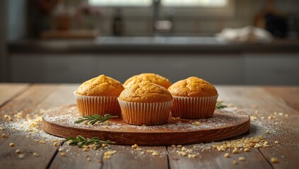Corn flour muffins resting on a surface, focusing on baking ingredients and homemade appeal