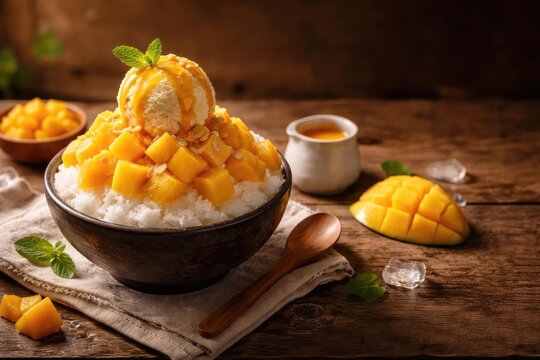 Cold mango bingsu Korean shaved ice dessert including copy space for text