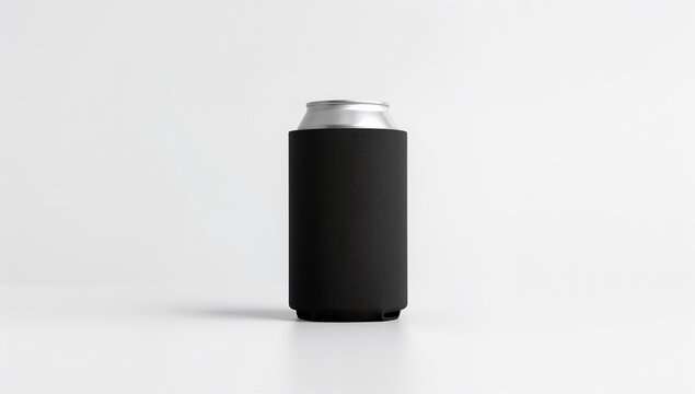 Black neoprene can koozie holder with insulating material designed for beverage preservation, serving as a product display