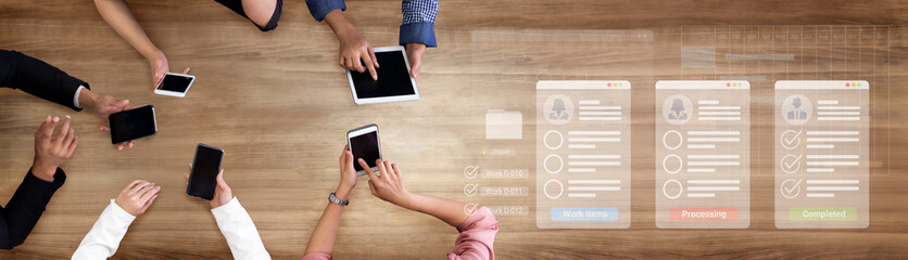 Digital interface displaying project tasks under Work Items, Processing, and Completed categories...