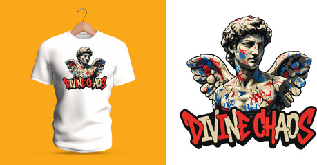 Fototapeta premium This vector T-shirt artwork showcases a sculpted angelic statue figure decorated with colorful paint splashes, expressive strokes, and detailed wings. The composition blends marble textures