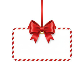 Realistic hanging white banner decorated with festive red striped border and beautiful shiny satin bow isolated on transparent background