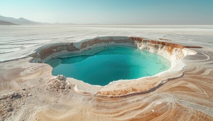 Turquoise water in a sinkhole close to the Dead Sea, showing salt and mud layers affected by freshwater erosion