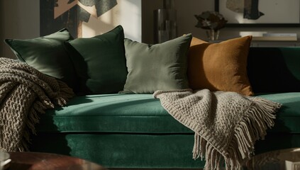Detailed view of a fabric velvet green sofa with cushions and a knitted blanket, serving as a backdrop for text or graphic design