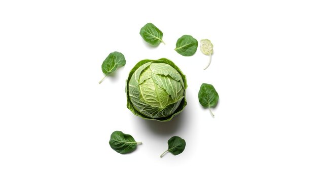Loose cabbage leaves detached from a mature cabbage, isolated on white surface, fresh produce handling
