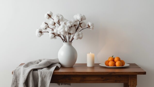 Winter scene featuring cotton in a vase, mandarins on a plate, and textiles for aesthetic appeal