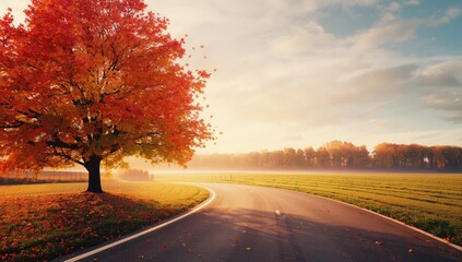 Fototapeta premium Autumn scene featuring a maple tree with colorful leaves next to a road, illustrating seasonal transition