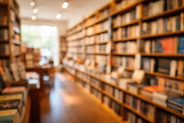 Obraz premium Out of focus bookstore scene with natural light and filled bookcases background