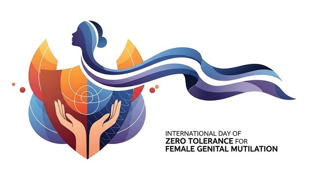 International day of zero tolerance to female genital mutilation awareness campaign symbol with hands and flowing ribbon