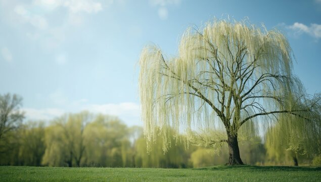 Willow tree with large inflorescences in a spring setting, highlighting natural flowering and plant health, World Environment Day