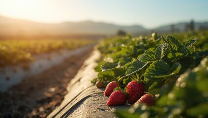 Farm-grown strawberries in natural sunlight, highlighting local sourcing and seasonal harvest
