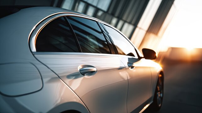 Sleek white luxury sedan parked by modern glass building at sunset