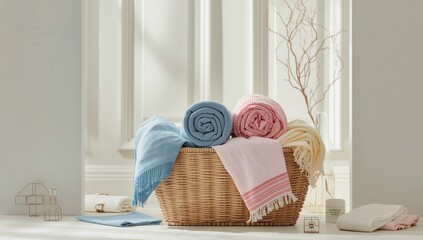 Brightly patterned towels in a basket, serving as a textile storage solution within a domestic setting