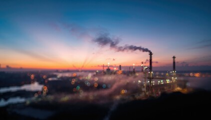 Naklejka premium Vivid bokeh effect with an oil refinery in the distance during sunrise, suitable for editorial header backgrounds