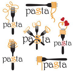 collection of forks with pasta isolated on white background