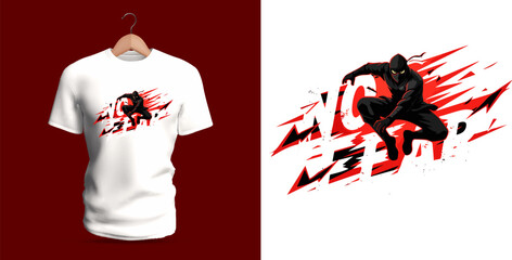 This vector T-shirt artwork shows a fast-moving athletic silhouette in black with red streaks trailing behind, expressing high speed and motion. The bold fragmented text &ldquo;no fear&rdquo; is integrated into