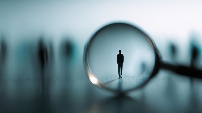 Person silhouette focused through a magnifying glass with blurry background