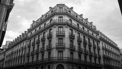 Obraz premium Detailed view of a historic European apartment building featuring many balconies, showcasing old-world architecture in an urban setting