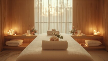 Spa treatment setting with massage table and soft lighting, suitable as a background for wellness content or editorial headers, World Wellness Day