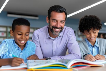 Multicultural children joyfully reading books with a smiling adult mentor in a bright classroom, showcasing a love for learning and collaboration in a vibrant educational environment