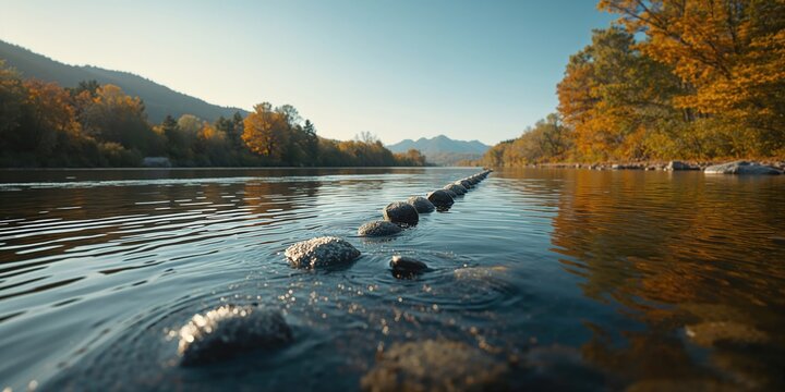 Stream with water cascading over rocks forming foam bubbles, natural flow dynamics - Powered by Adobe