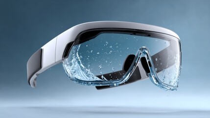 A pair of goggles with water droplets on the lenses. The goggles are white and black. The water droplets are scattered all over the lenses