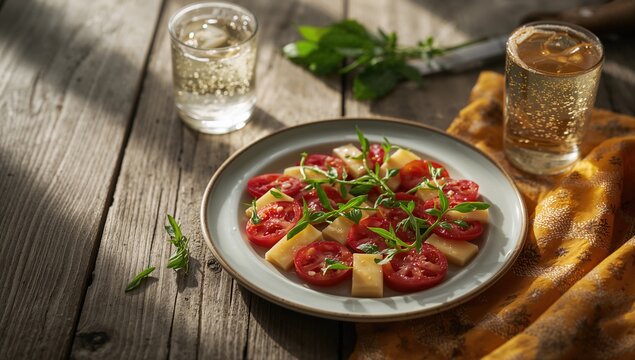 Dish with sliced tomatoes and cheese, highlighting a simple fresh snack or light meal