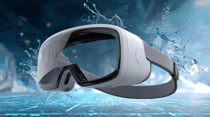 A pair of virtual reality goggles is shown in a splash of water. The goggles are white and have a clear lens. The water surrounding the goggles creates a sense of immersion and excitement