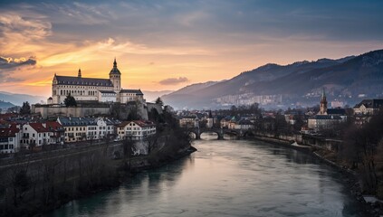 Obraz premium Salzburg cityscape with historic fortress and river, ideal for editorial header design