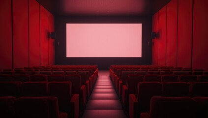 Fototapeta premium Interior of a movie theater showing rows of red seats before a projection screen, ideal for UI backdrop or layout planning
