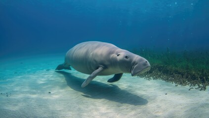 Obraz premium Dugong diving through shallow coastal waters, highlighting marine ecosystem preservation