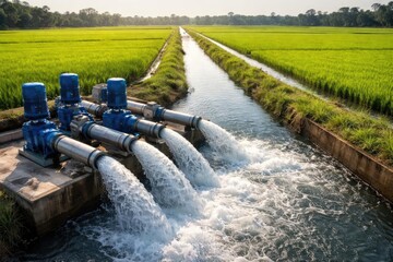 Irrigation canal water pumped to rice fields by groundwater pumping station