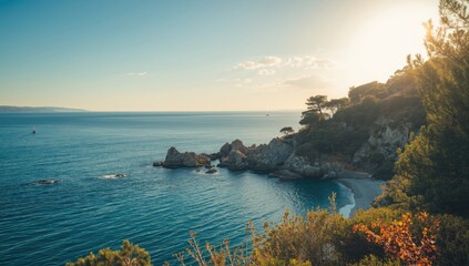 Seaside view of a tranquil blue ocean at Liapades bay with greenery in foreground, highlighting coastal erosion risk during summer