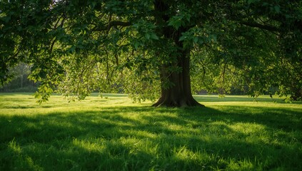 Sunlit summer scene with a lush green lawn shaded by a hazel tree, suitable for outdoor activities and gatherings, seasonal change