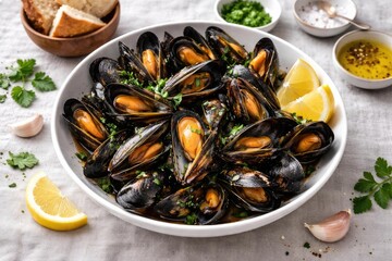 Delicious mussels cooked with parsley and lemon on a light grey textured linen table