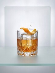 Classic Old Fashioned cocktail in a crystal glass with a garnish, set against a chic, minimal background.