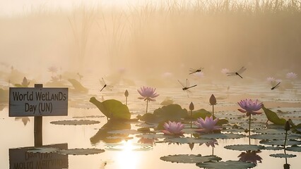 Serene pond scene with lotus flowers and a world wetlands day sign at sunrise or sunset with birds flying overhead in a natural landscape
