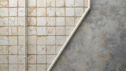 Cracked white tile surface with female PVC pipe as a textured backdrop, appropriate for editorial headers, Earth Day