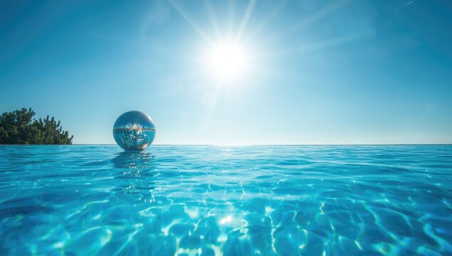 Poolside party setting featuring a disco ball and sunlit water, highlighting leisure and festive atmosphere