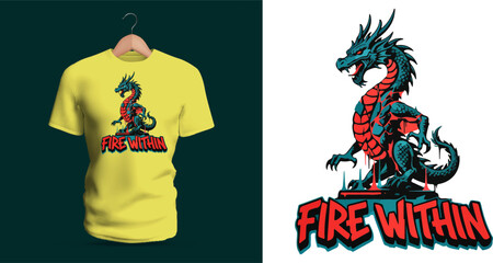 This vector T-shirt design features a small stylized dragon sitting upright with red chest plating, blue scales, and glowing eyes. The creature’s confident pose and warm fiery accents complement © nicholasgeorgiou