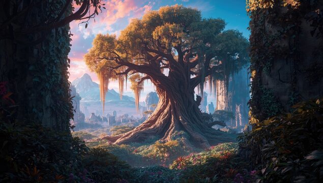 Digital depiction of a distant planet with a vibrant fantasy jungle landscape, highlighting diverse plant life and otherworldly terrain