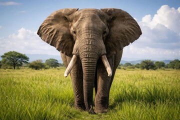 Fototapeta premium Front perspective of a bull elephant towering over green grasslands