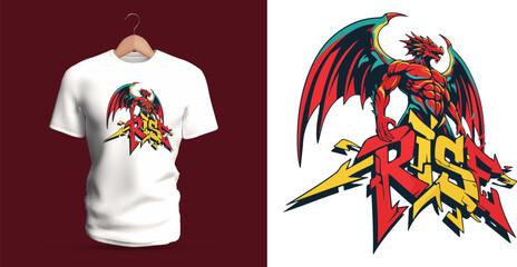 This vector T-shirt artwork shows a winged red dragon standing upright in a heroic pose with sharp claws, large wings, and vibrant yellow accents. The graffiti-style text “Rise” beneath the creature © nicholasgeorgiou